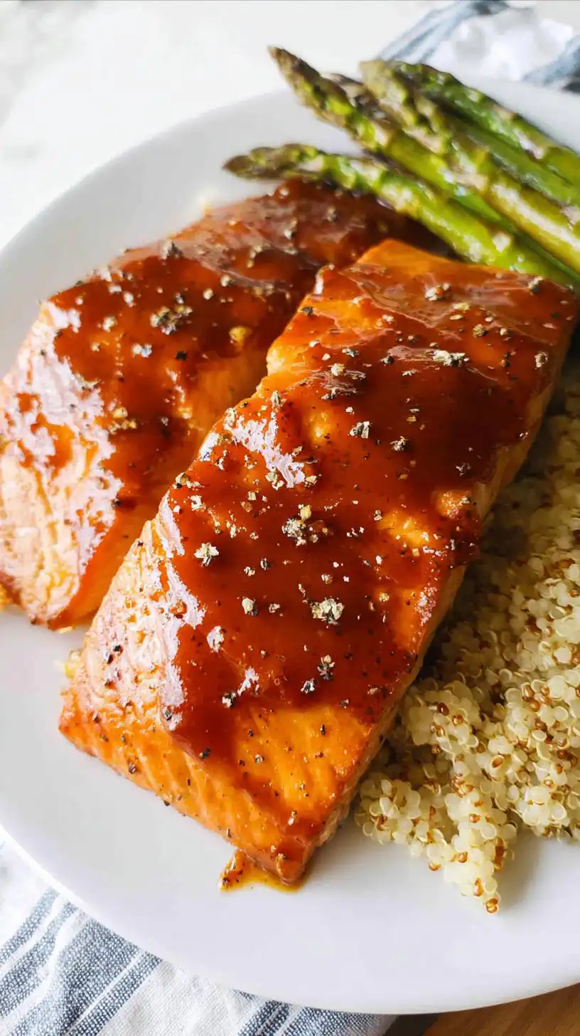 Two fillets of glistening Maple Barbecue Salmon served with quinoa and asparagus spears.