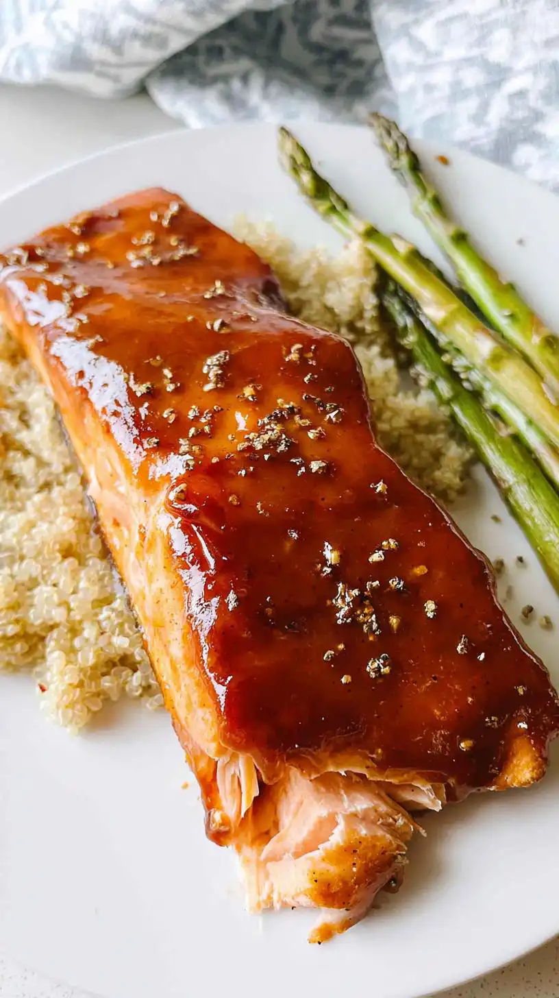 A glistening fillet of Maple Barbecue Salmon served with quinoa and asparagus, a perfect high protein healthy dinner.