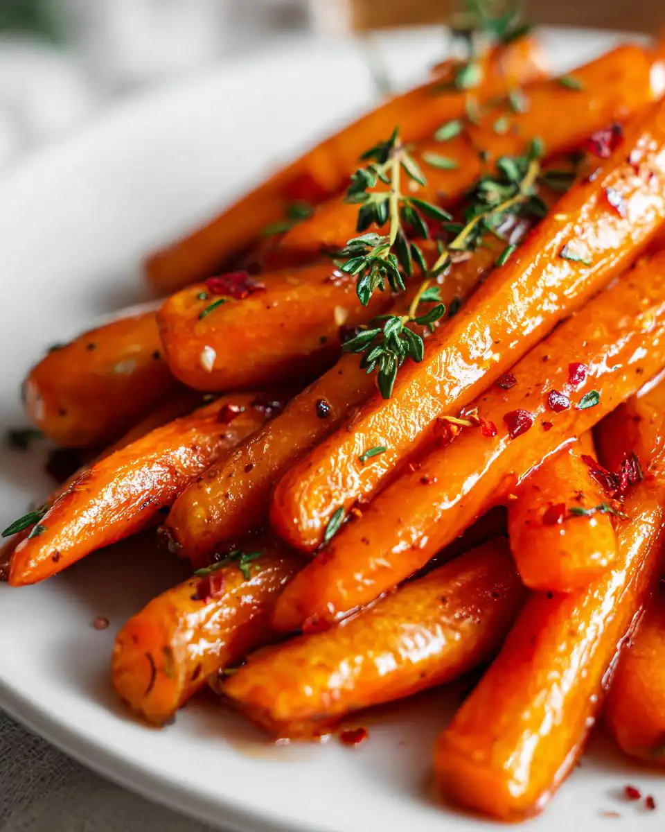 Close-up of Maple Glazed Roasted Carrots Recipe, glistening with glaze and sprinkled with herbs and red pepper flakes.