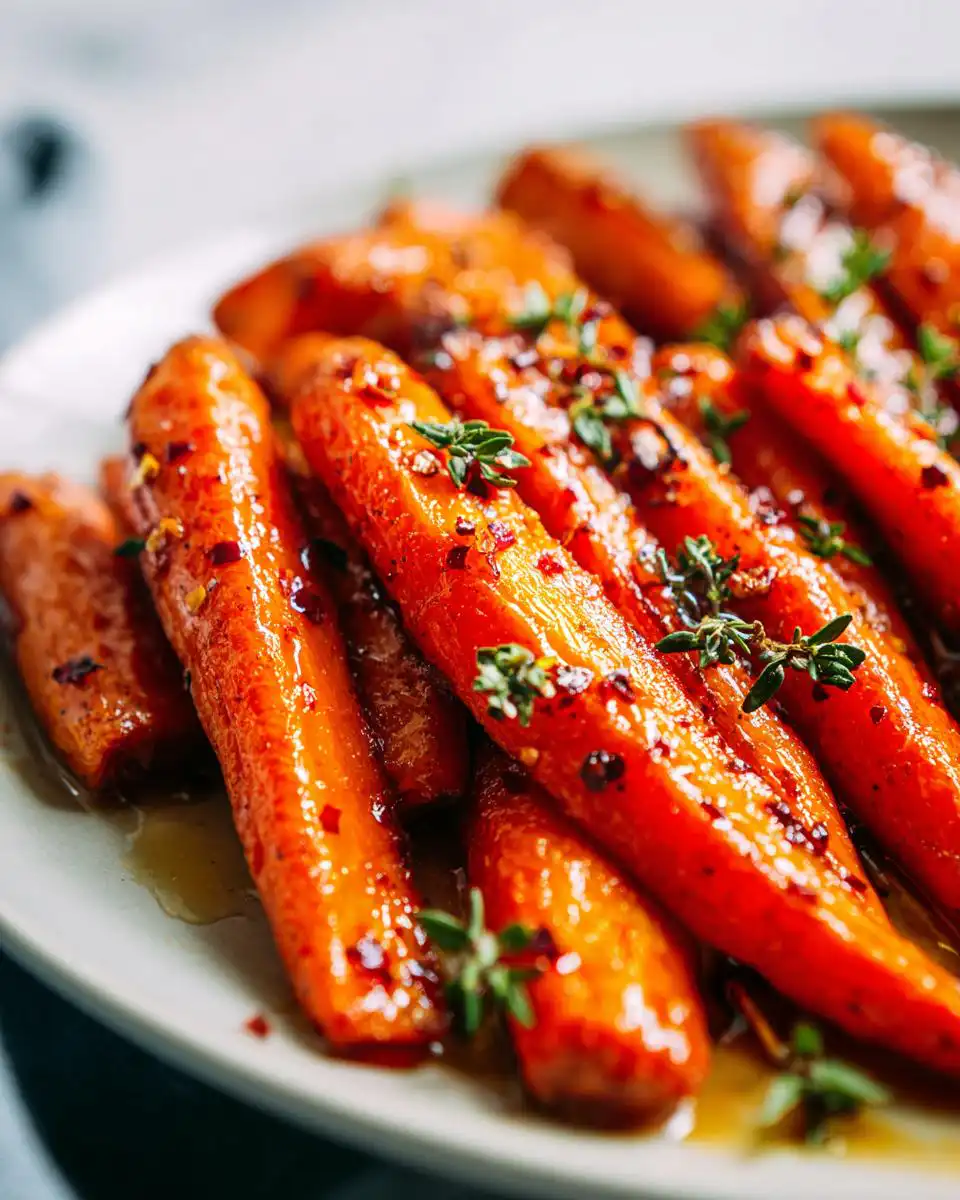 Close-up of sweet and savory maple glazed roasted carrots, garnished with fresh thyme and chili flakes.