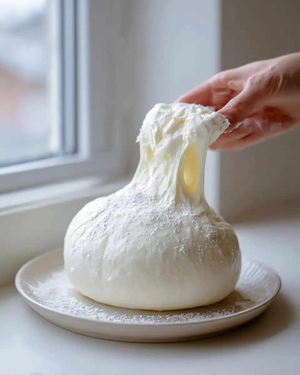 A hand pulling a stretchy piece from a large ball of white marshmallow fondant recipe dough on a plate.