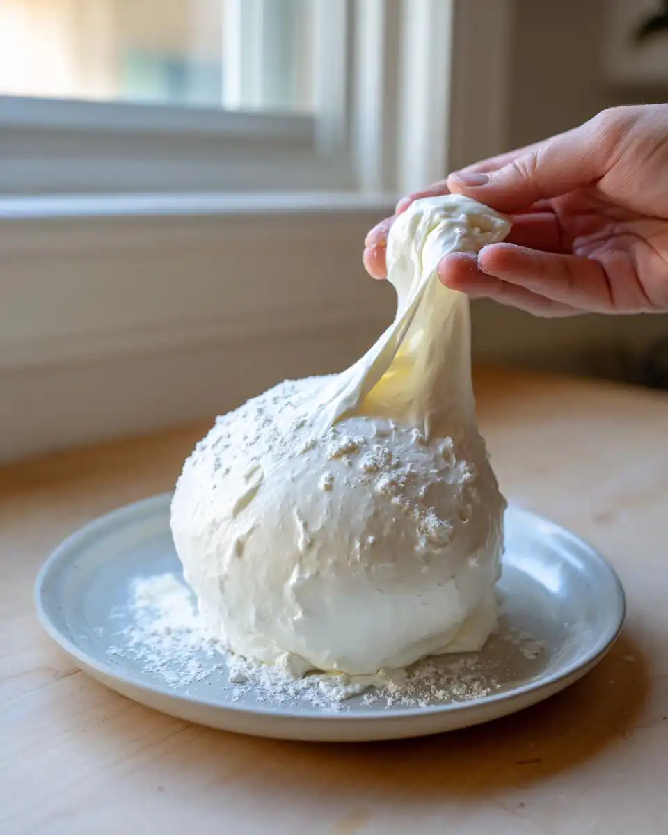 A hand stretching a large ball of white marshmallow fondant recipe dough, dusted with powdered sugar.