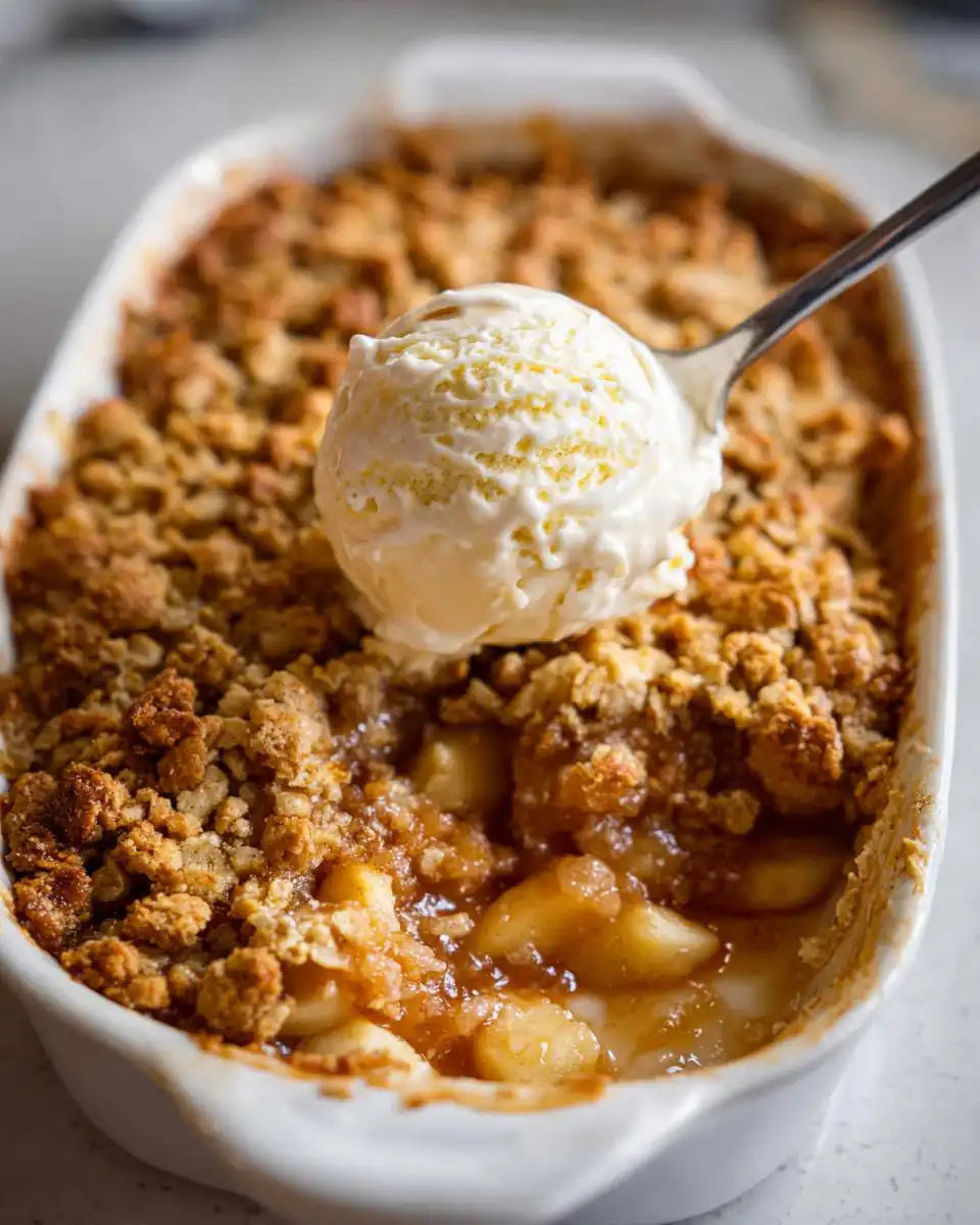 A spoonful of vanilla ice cream being placed on top of a warm Mary Berry apple crumble in a white baking dish.