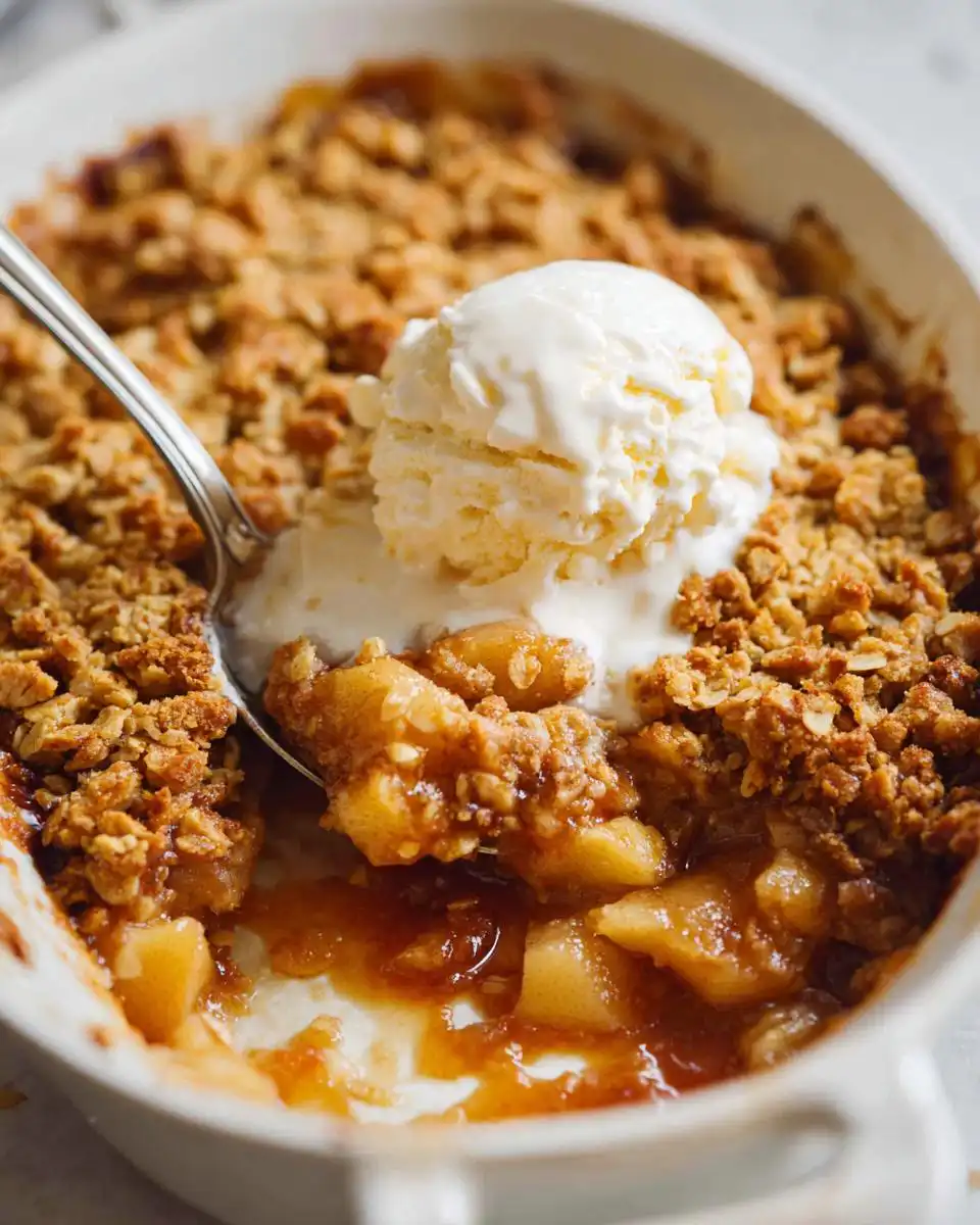 A spoonful of delicious Mary Berry apple crumble topped with melting vanilla ice cream.