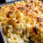 Close-up of bubbling Mary Berry baked mac and cheese with strings of melted cheese stretching out.
