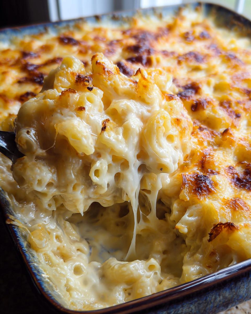A spoonful of creamy Mary Berry baked mac and cheese, showing gooey melted cheese and golden-brown pasta.
