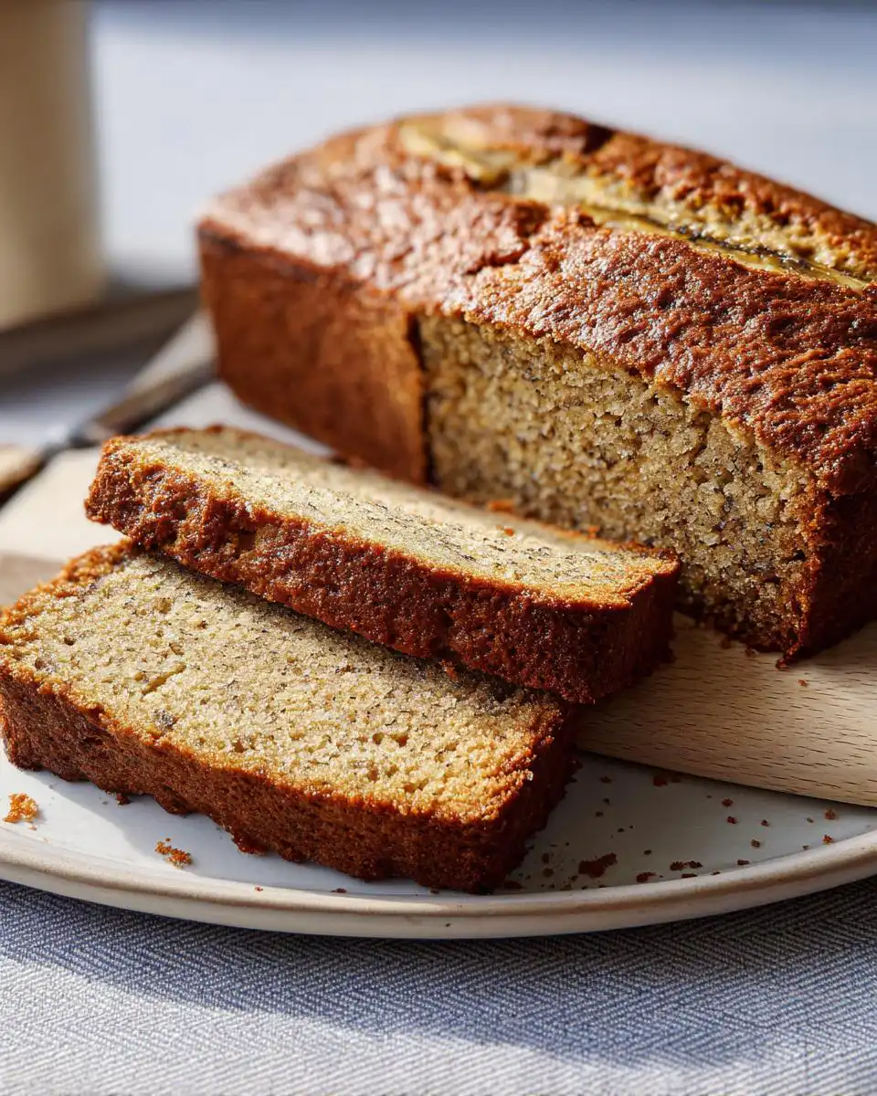 Two slices of delicious Mary Berry banana loaf stacked on a plate, with the rest of the loaf in the background.
