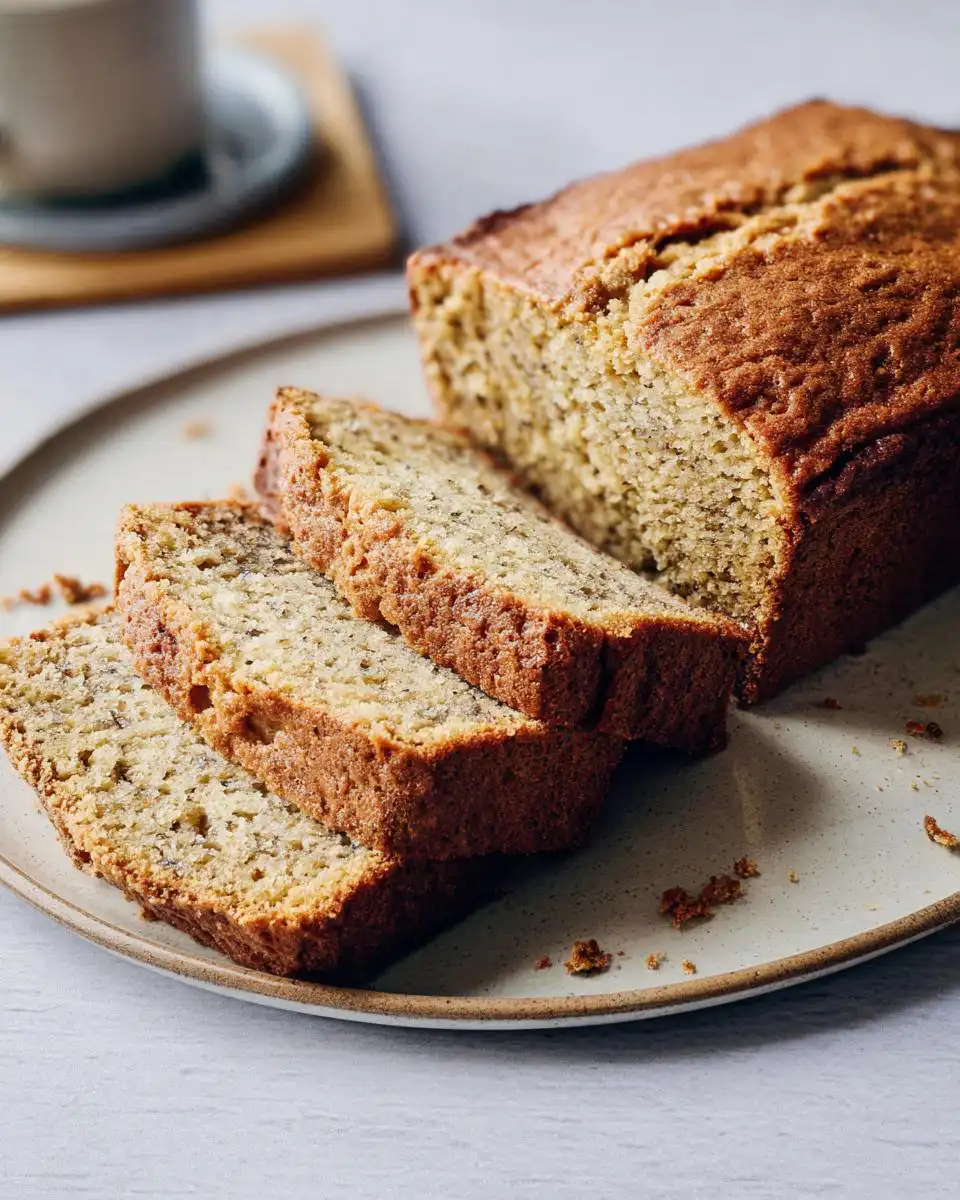Three slices of a golden-brown Mary Berry Banana Loaf are stacked on a speckled plate, with the rest of the loaf visible.