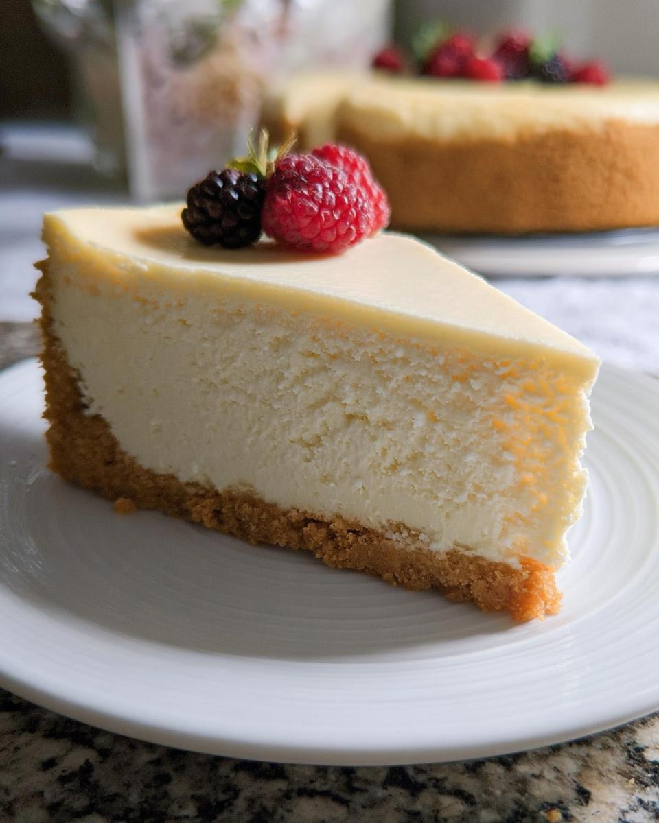 A perfect slice of Mary Berry's best cheesecake recipe, topped with fresh raspberries and blackberries.