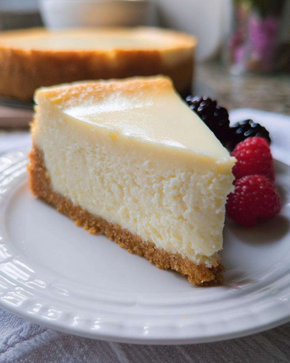 A perfect slice of Mary Berry's best cheesecake recipe, served with fresh berries.