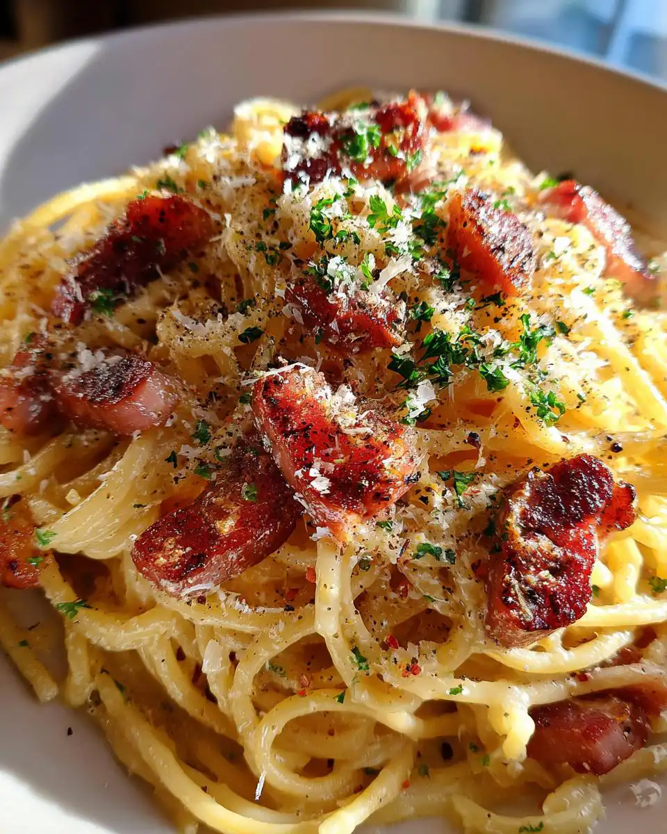 A close-up of a bowl of spaghetti carbonara, topped with crispy pancetta, grated Parmesan cheese, and fresh parsley.