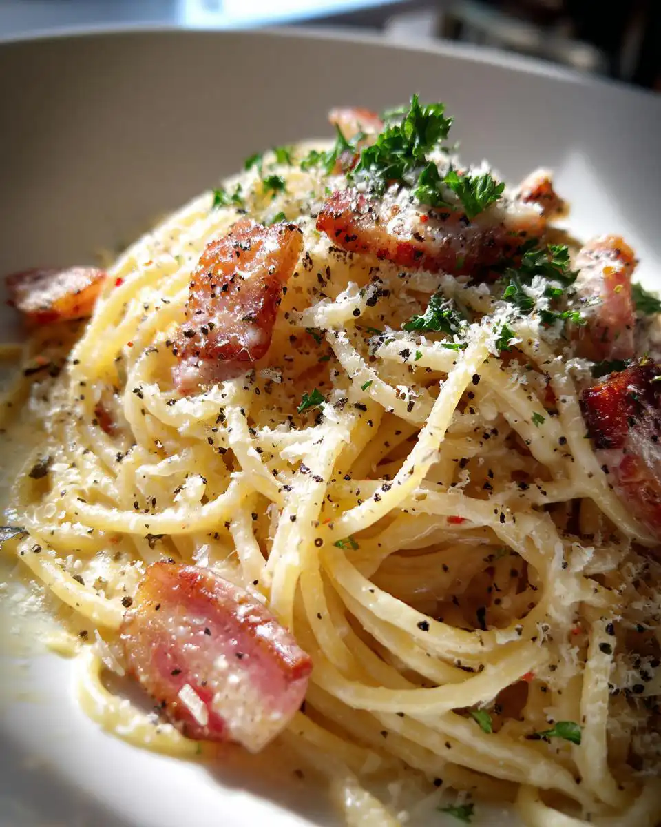 Close-up of a bowl of spaghetti carbonara, featuring crispy pancetta, grated cheese, and fresh parsley, as per the Mary Berry carbonara pasta recipe.