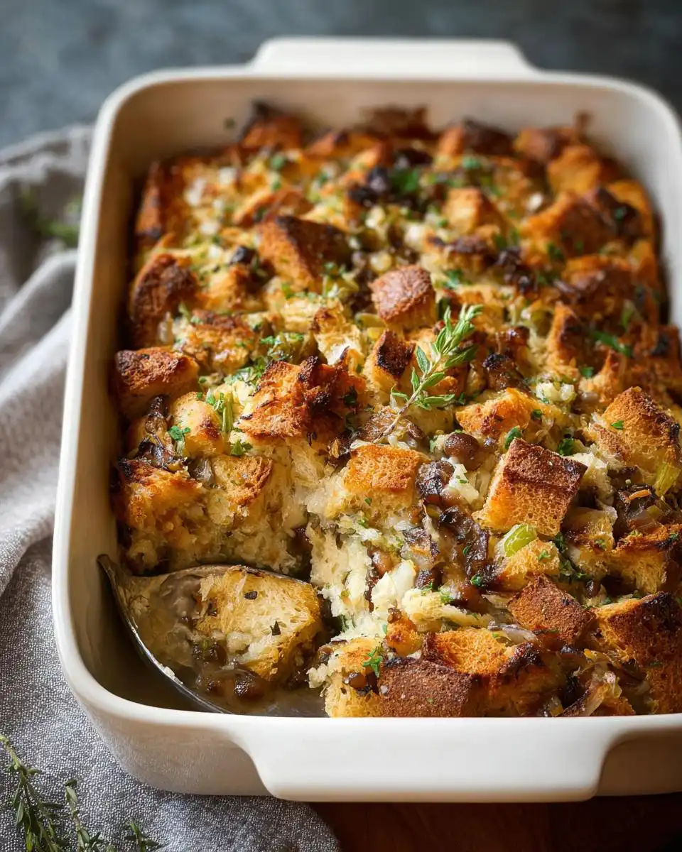 A close-up of a white baking dish filled with golden-brown Mary Berry Chestnut Herb Stuffing, with a spoon taking a portion.