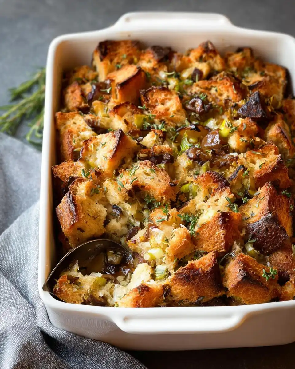 A close-up view of Mary Berry Chestnut Herb Stuffing baked in a white ceramic dish, ready to serve.