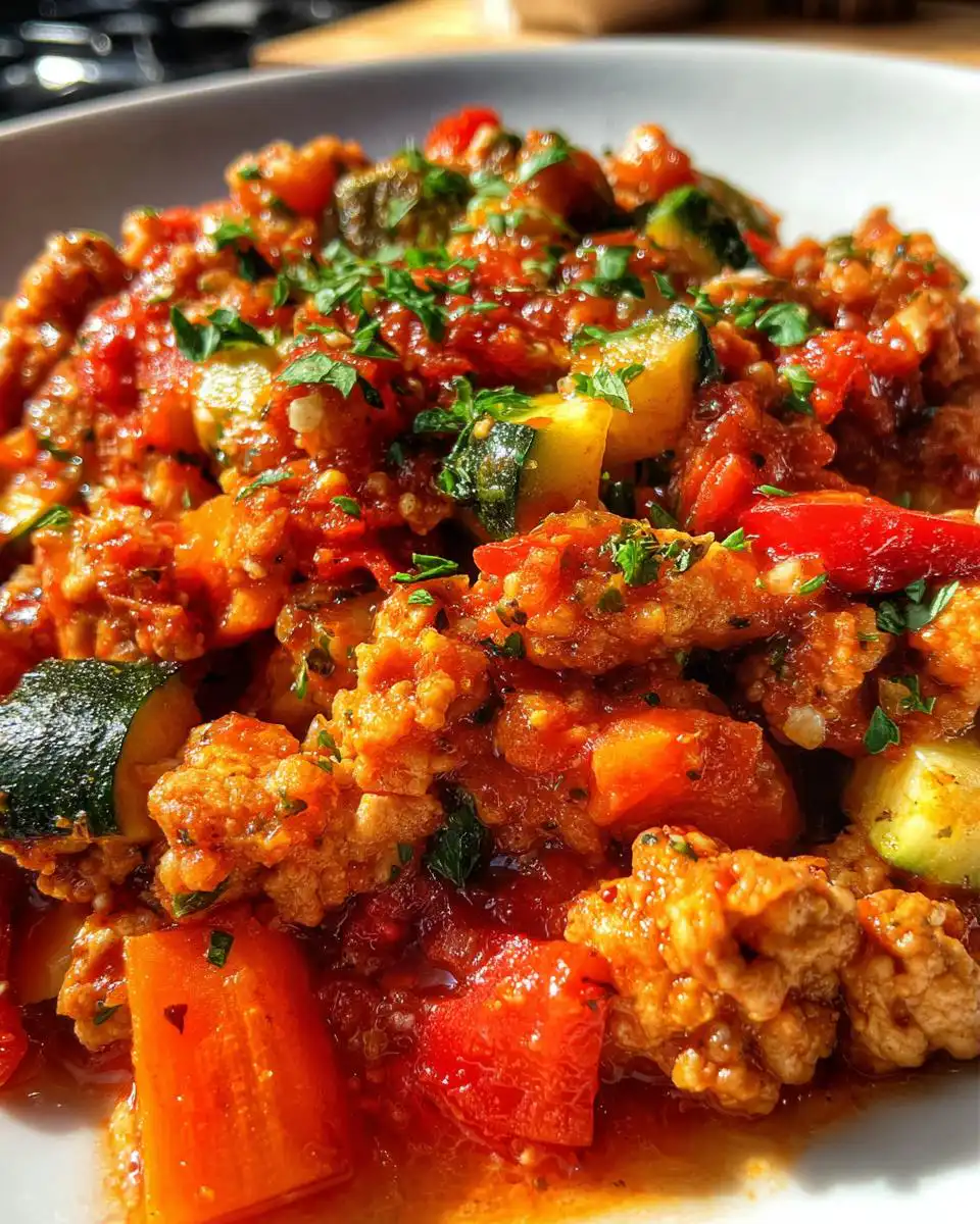 Close-up of a hearty Mary Berry chicken mince recipe with chunks of chicken, courgette, peppers, and tomatoes, garnished with parsley.