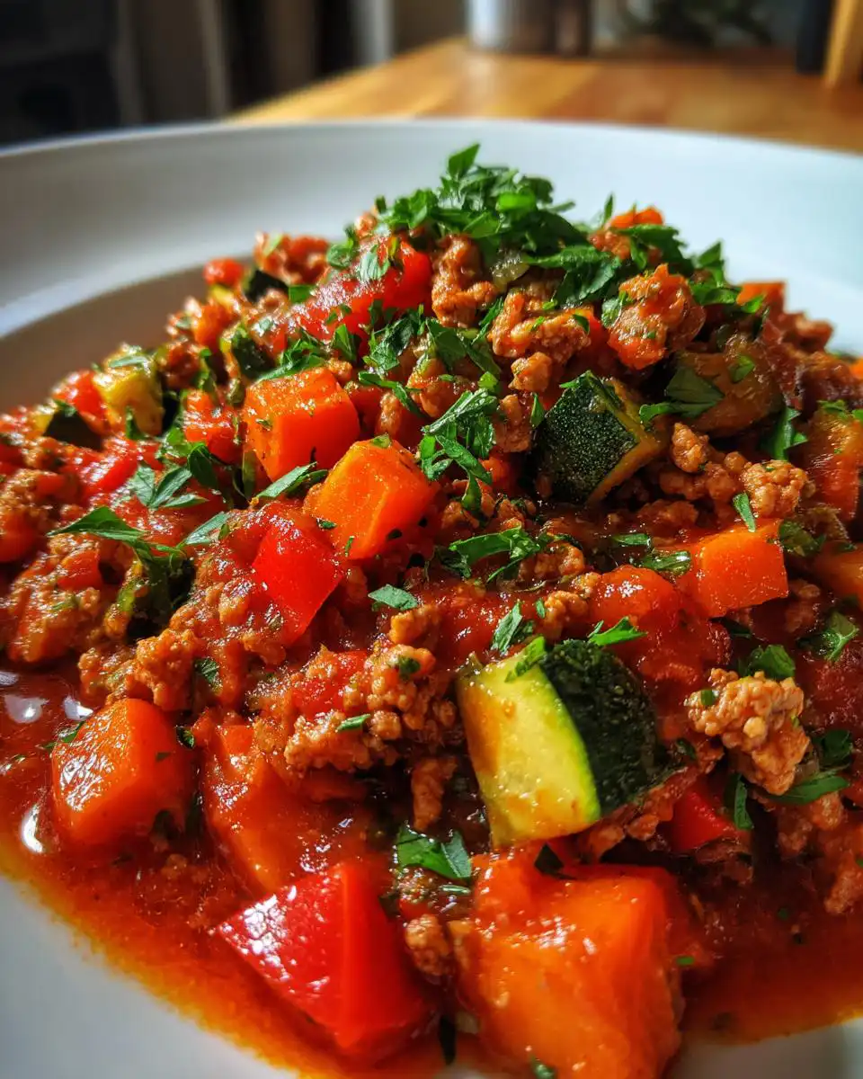A close-up of a hearty Mary Berry chicken mince recipe dish, featuring minced chicken, diced vegetables like courgette and pepper, in a rich tomato sauce, garnished with parsley.