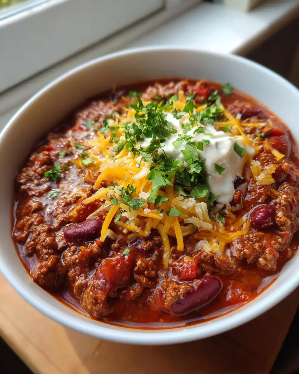 A hearty bowl of Mary Berry Chilli Con Carne topped with shredded cheese, sour cream, and fresh parsley.