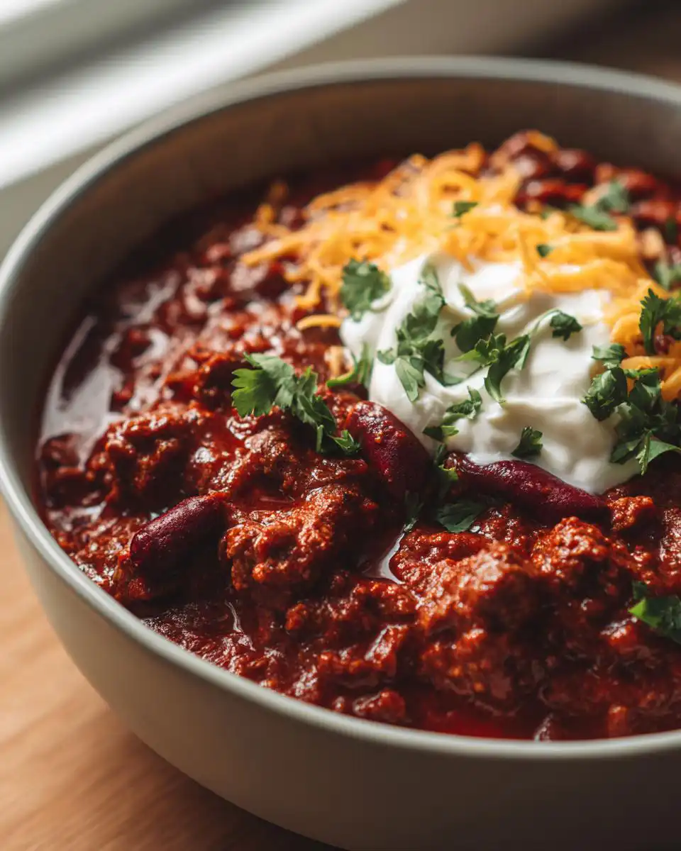 A close-up of a bowl of Mary Berry Chilli Con Carne, topped with sour cream, shredded cheese, and fresh parsley.