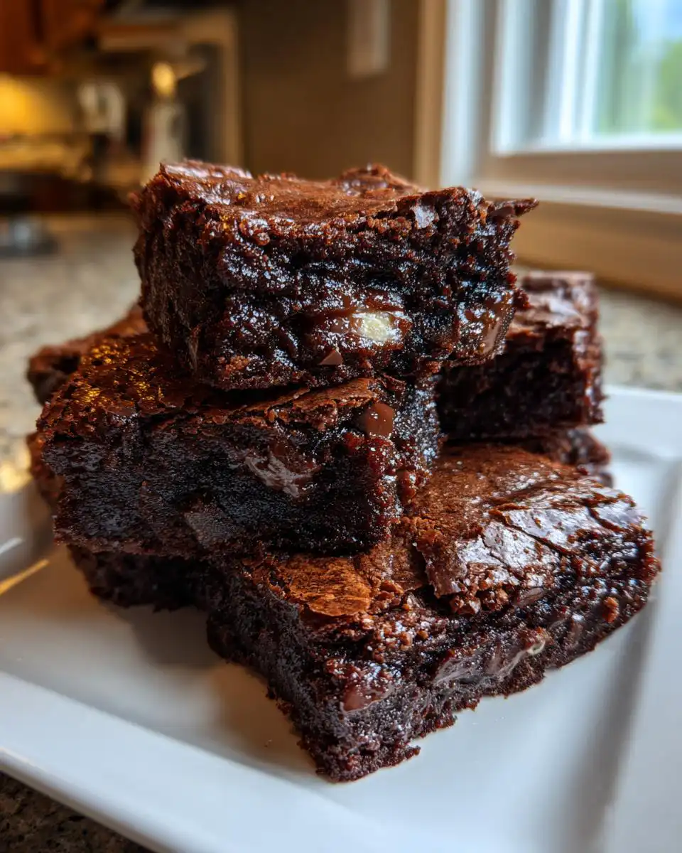 A close-up stack of decadent Mary Berry chocolate brownies, showing gooey chocolate chips and a rich, fudgy texture.