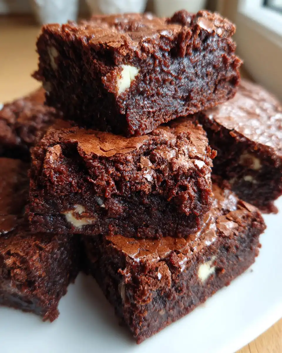 Close-up of rich, fudgy Mary Berry Chocolate Brownies with chunks of white chocolate.