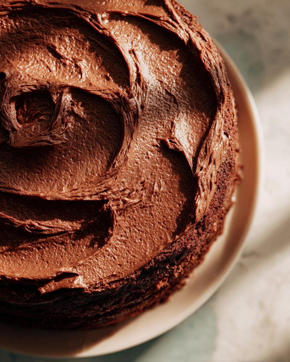 Close-up of a delicious Mary Berry Chocolate Cake covered in smooth, swirled chocolate buttercream frosting.