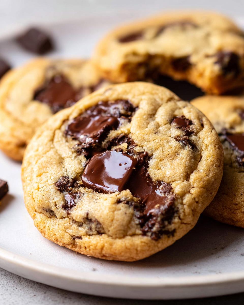 Close-up of a delicious chocolate chip cookie from the Mary Berry chocolate chip cookie recipe, with melted chocolate chunks.