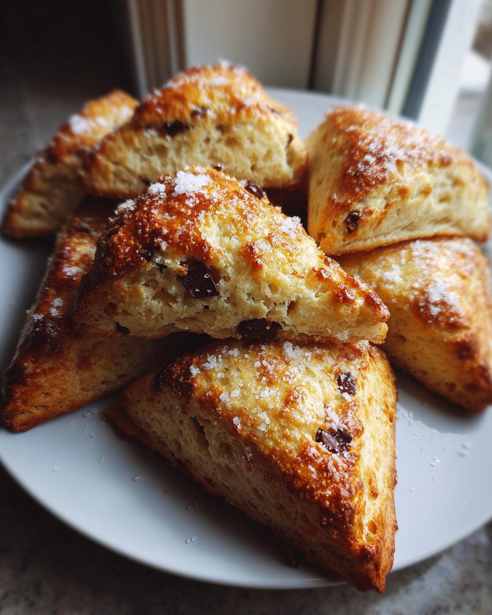 A pile of freshly baked Mary Berry classic perfect scones, sprinkled with sugar and studded with chocolate chips.