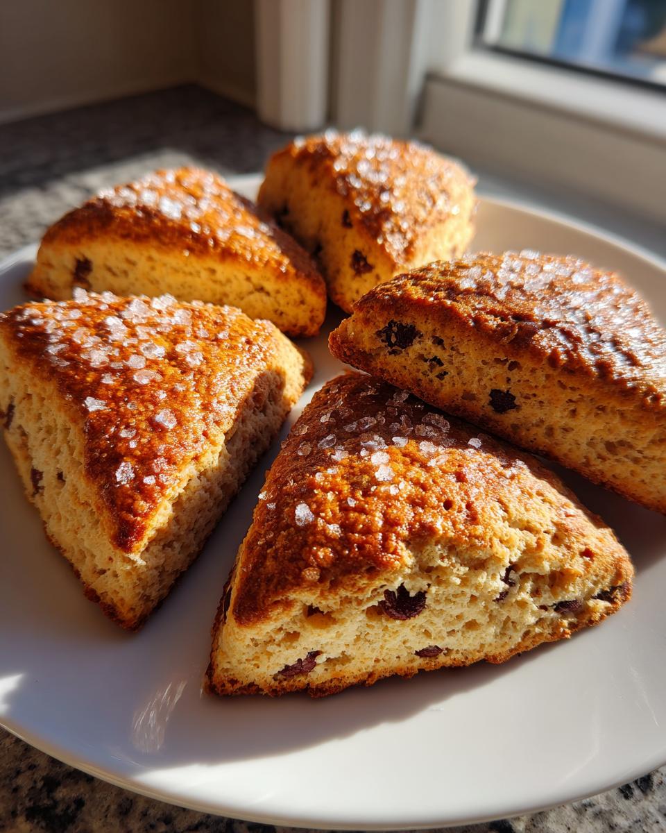 A close-up of triangular Mary Berry classic perfect scones, topped with sugar crystals and containing visible raisins.