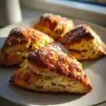 Close-up of four golden-brown Mary Berry classic perfect scones, lightly dusted with sugar, on a white plate.