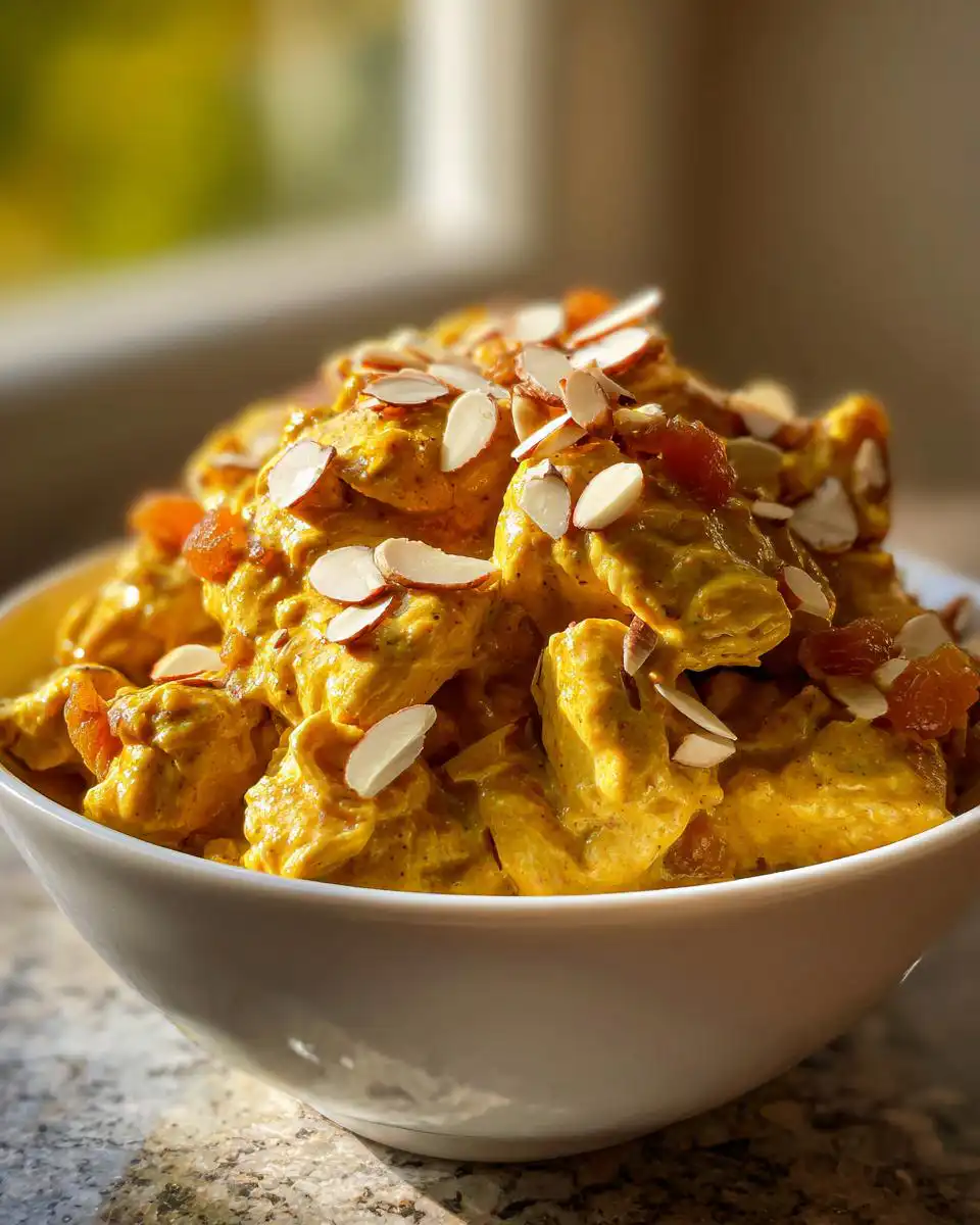 A bowl of Mary Berry Coronation Chicken recipe, topped with flaked almonds and dried apricots.