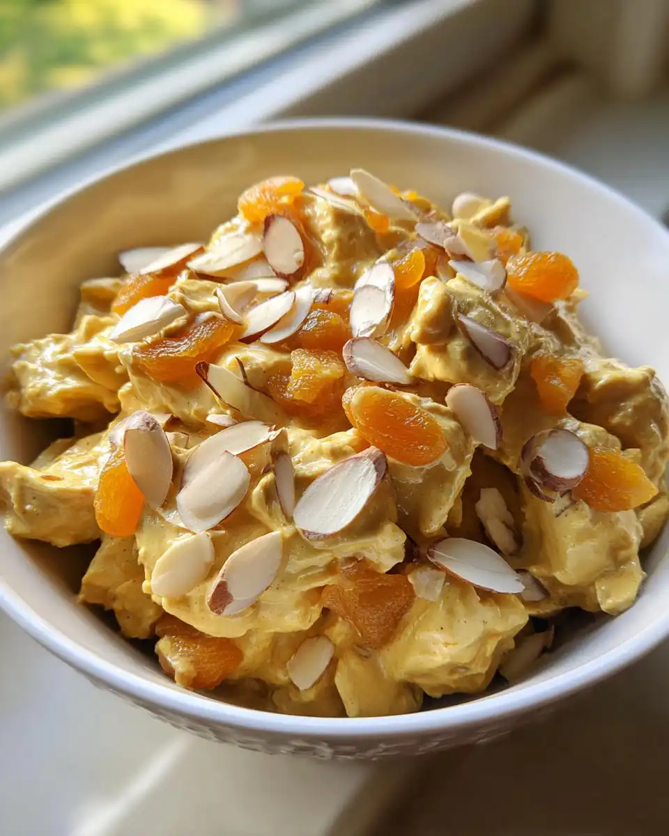 A close-up of a bowl filled with Mary Berry Coronation Chicken recipe, topped with flaked almonds and dried apricots.