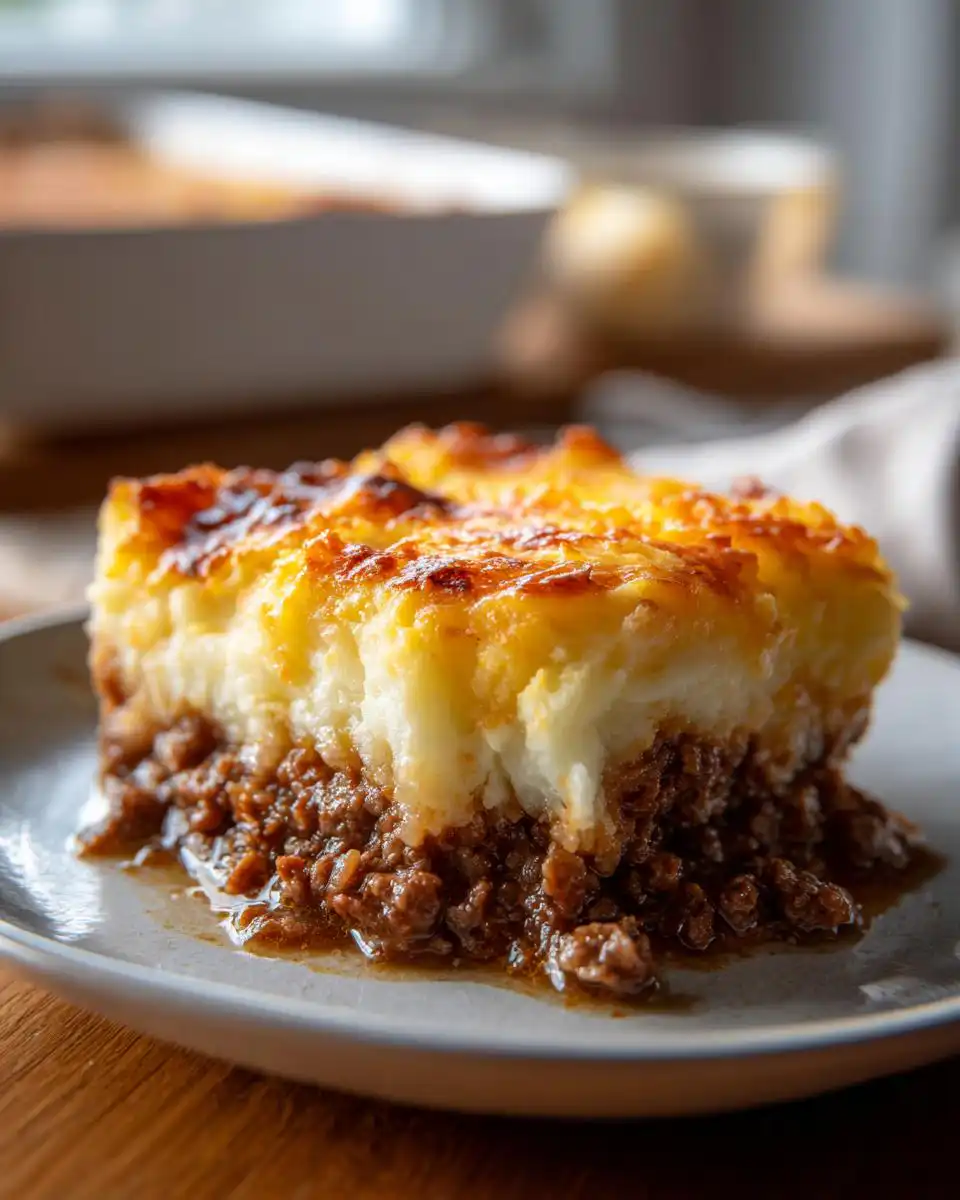 A close-up of a perfectly baked slice of Mary Berry Cottage Pie, featuring a rich mince filling topped with golden mashed potato.