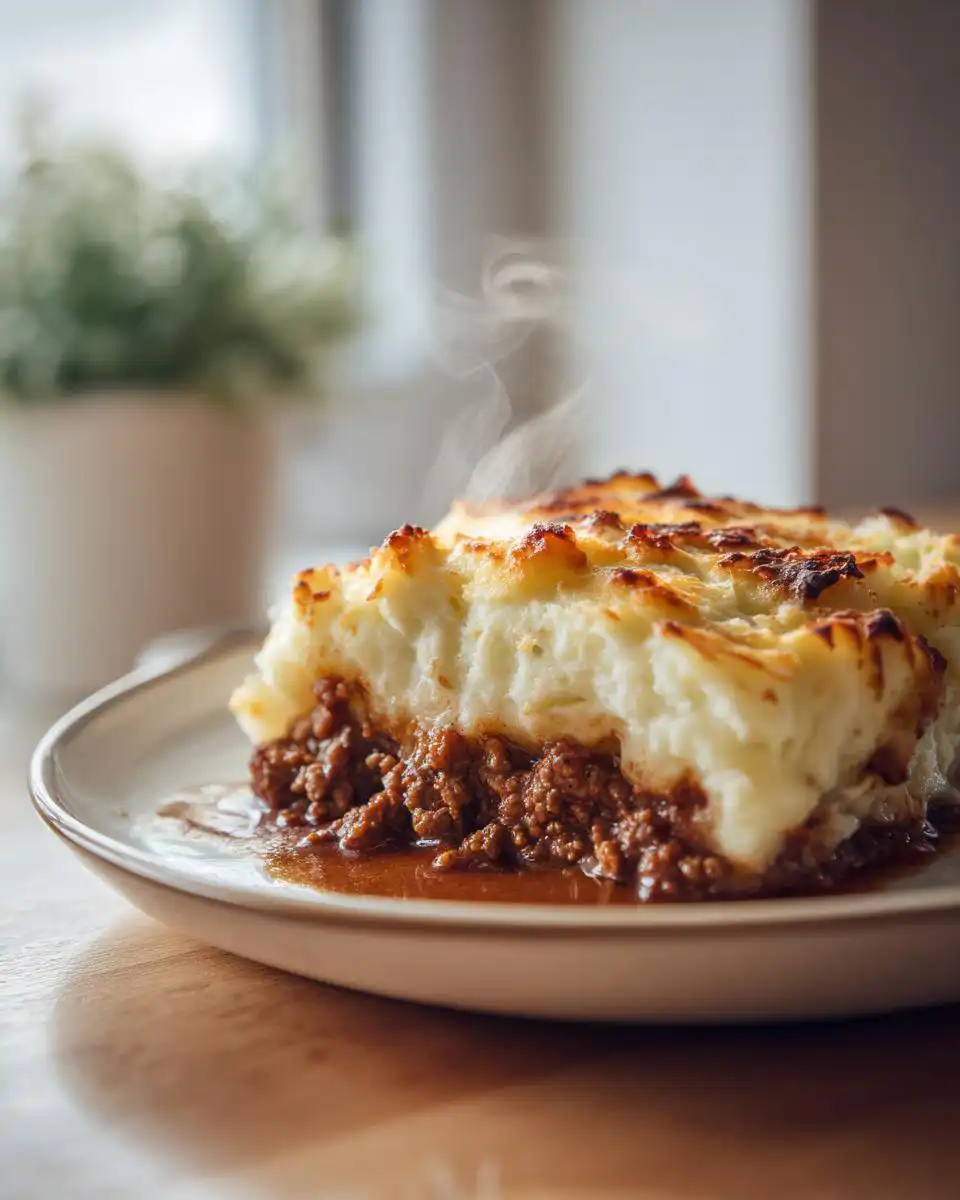 A steaming slice of Mary Berry Cottage Pie, showing a rich mince filling topped with golden mashed potato.