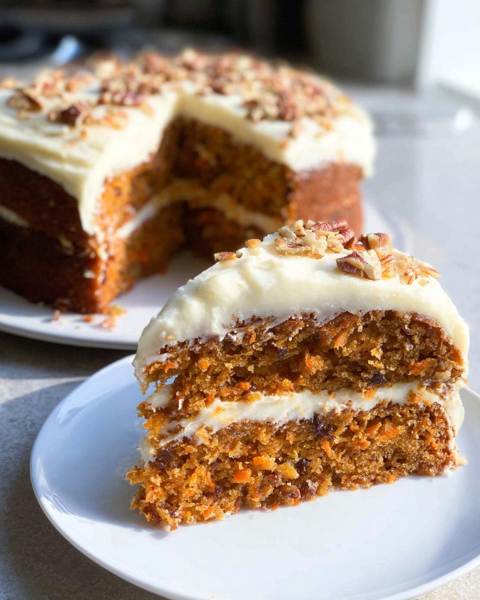 A close-up of a slice of Mary Berry Easy Carrot Cake, showing layers of moist cake and cream cheese frosting, topped with chopped nuts.