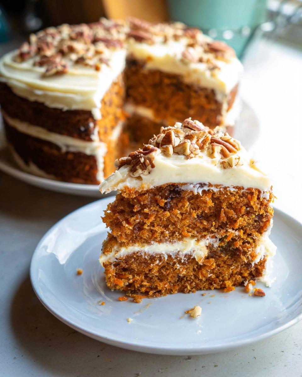 A delicious slice of Mary Berry Easy Carrot Cake, layered with cream cheese frosting and topped with chopped pecans.