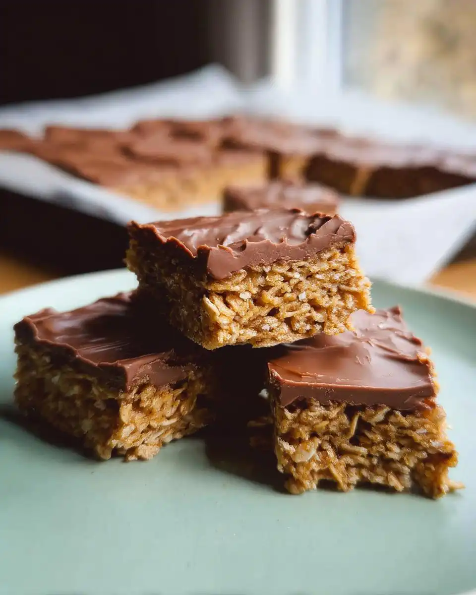 A stack of three Mary Berry Easy Chocolate Flapjacks on a pale green plate, with more flapjacks blurred in the background.
