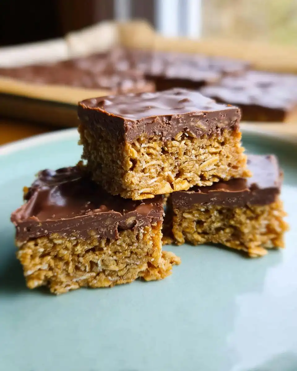 A close-up stack of three Mary Berry Easy Chocolate Flapjacks on a pale blue plate.