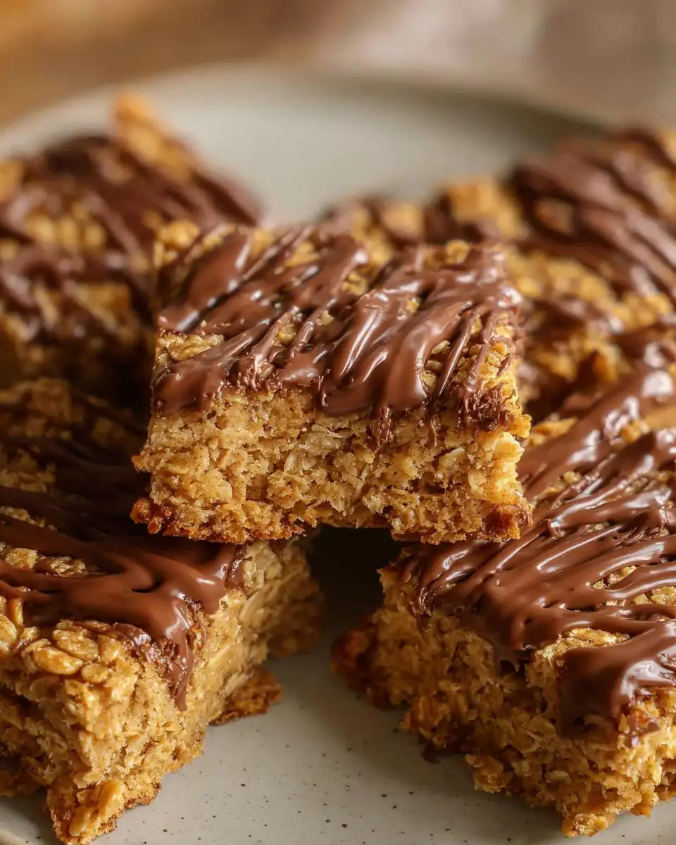 Close-up of delicious Mary Berry Easy Flapjacks drizzled with melted chocolate.
