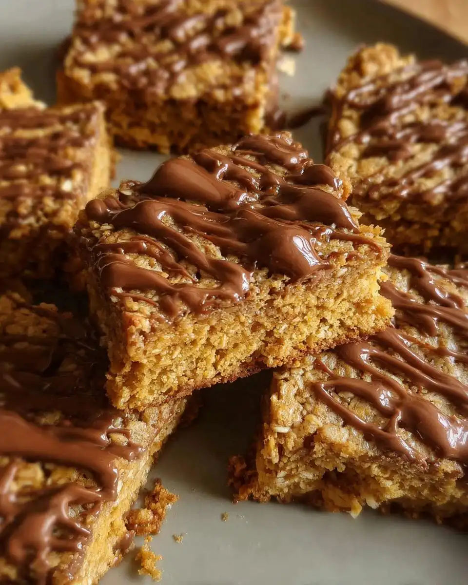 Close-up of several slices of Mary Berry Easy Flapjacks, drizzled with melted chocolate.
