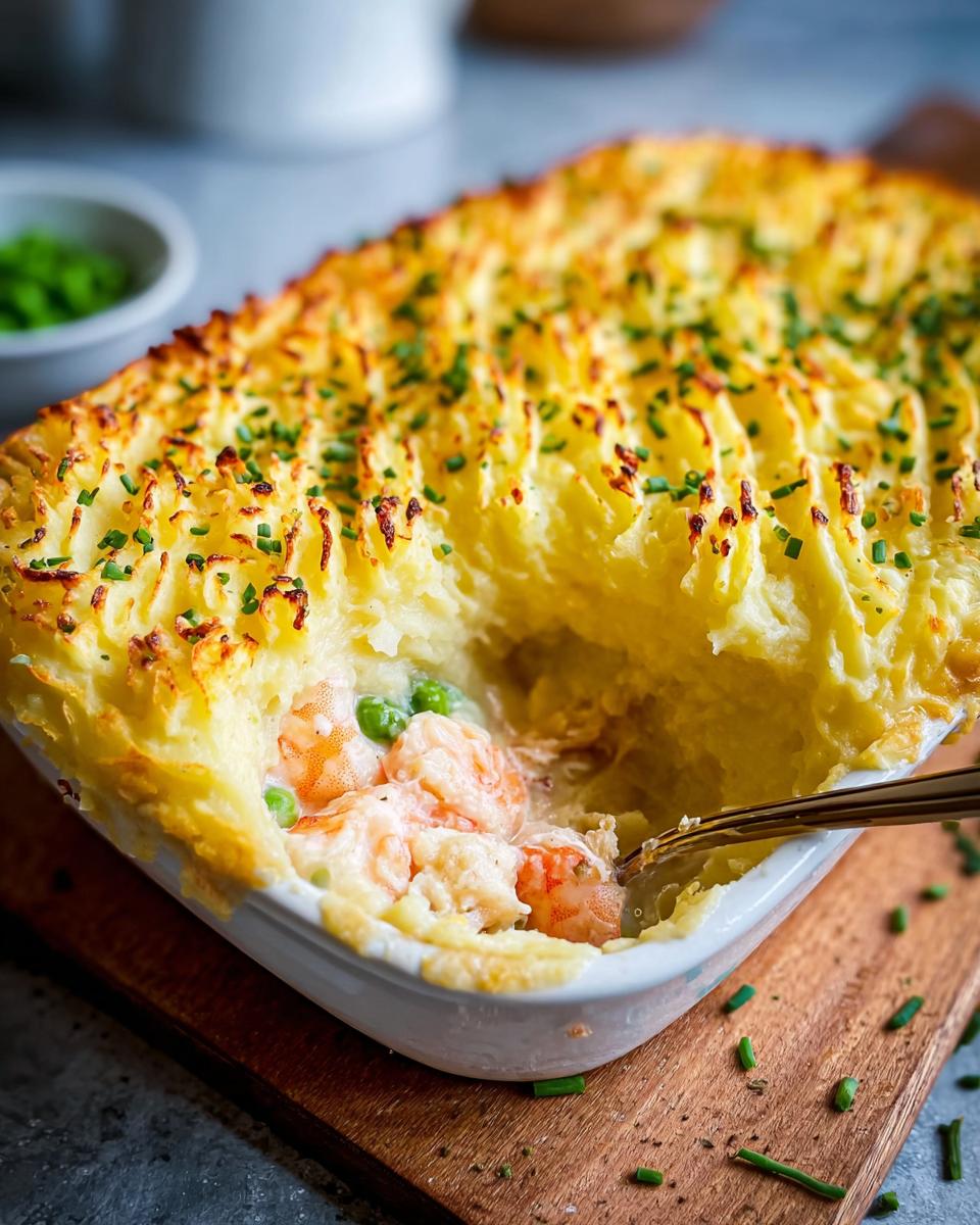 A close-up of a creamy Mary Berry fish pie recipe, filled with prawns and peas, topped with golden mashed potato.