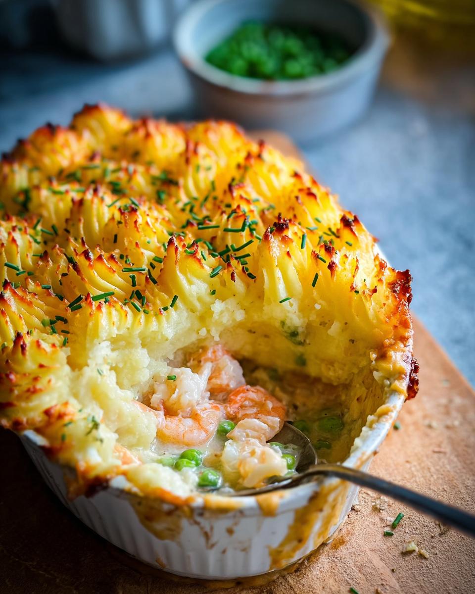 A spoonful of Mary Berry fish pie recipe, showing creamy prawns and peas under a golden mashed potato topping.
