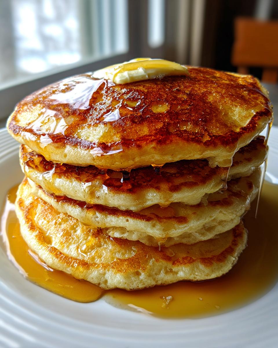 A tall stack of Mary Berry fluffy American pancakes, drizzled with syrup and topped with a pat of melting butter.
