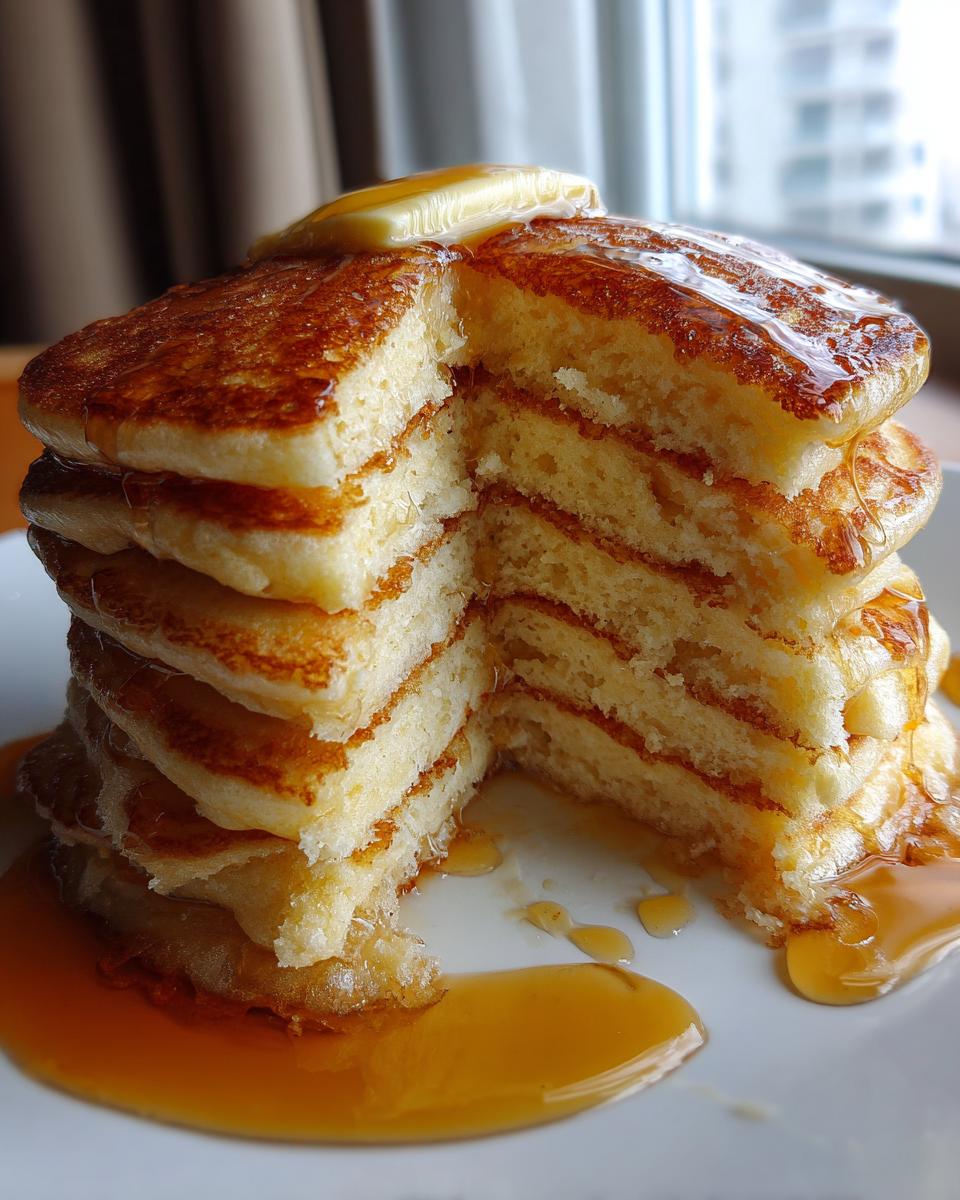 A tall stack of Mary Berry fluffy American pancakes, cut to reveal layers, topped with butter and dripping with golden syrup.