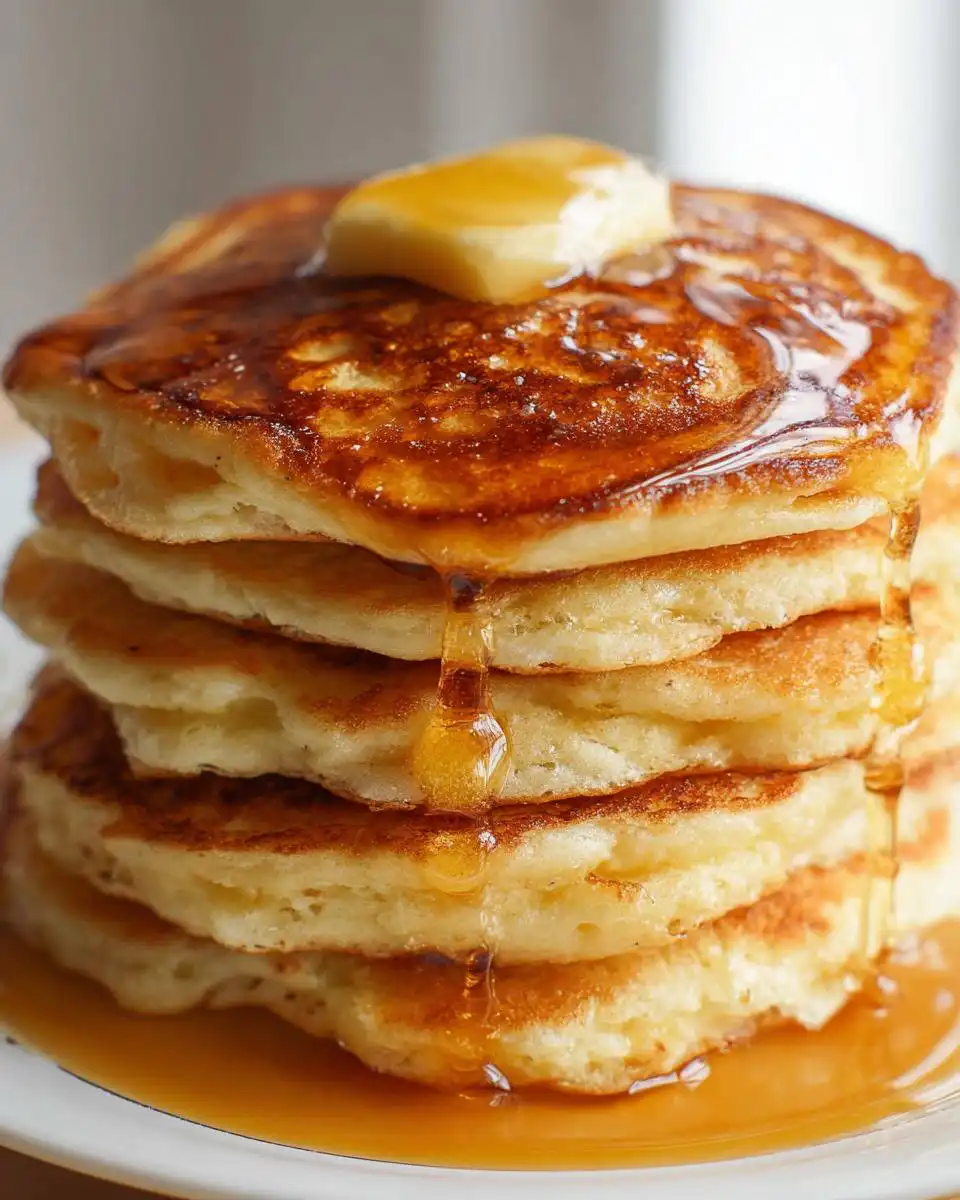 A tall stack of golden Mary Berry fluffy pancakes topped with a pat of butter and drizzled with syrup.