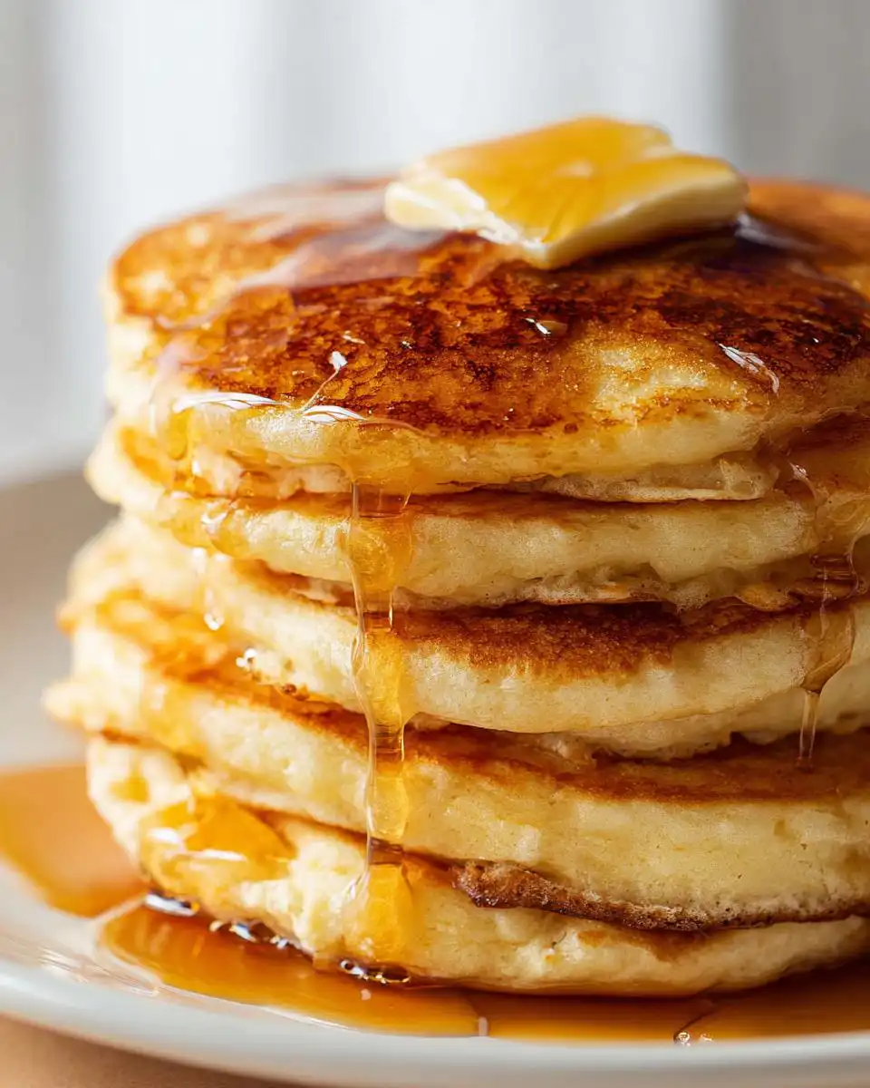 A tall stack of Mary Berry fluffy pancakes, dripping with syrup and topped with a melting pat of butter.