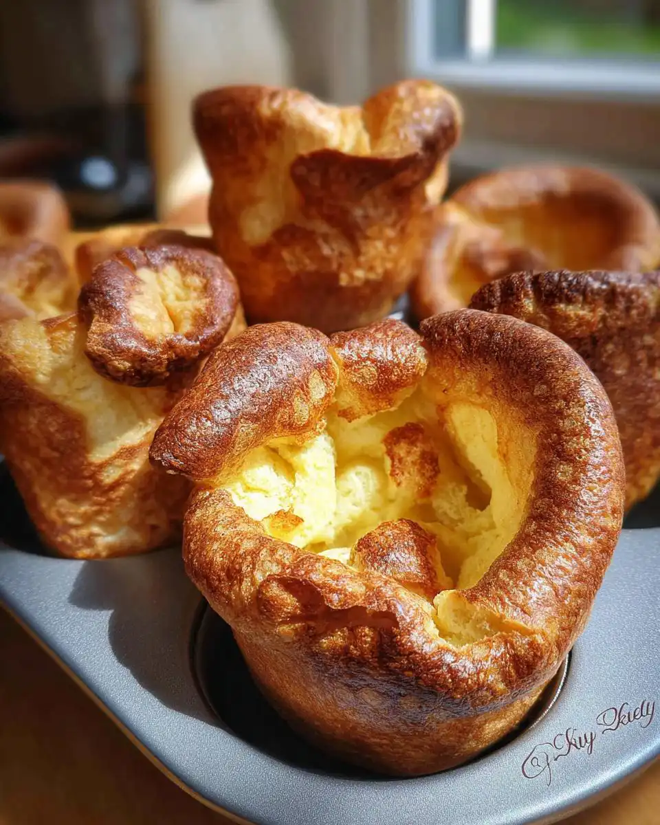 Close-up of golden brown, fluffy Mary Berry gluten free Yorkshire puddings in a muffin tin.