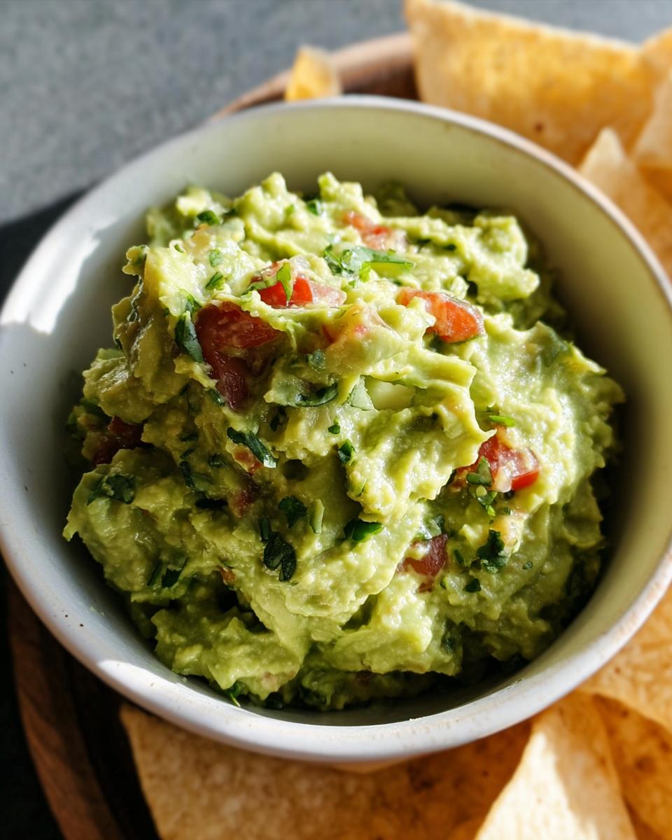 A close-up of a bowl of fresh Mary Berry Guacamole, chunky with tomatoes and herbs, served with tortilla chips.