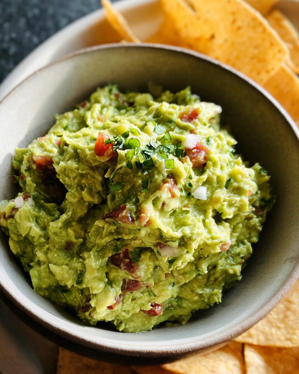A close-up of a bowl of fresh Mary Berry Guacamole, topped with chopped tomatoes and coriander, with tortilla chips in the background.