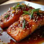 Two glistening fillets of Mary Berry Honey Garlic Salmon, glazed and topped with sesame seeds and spring onions.