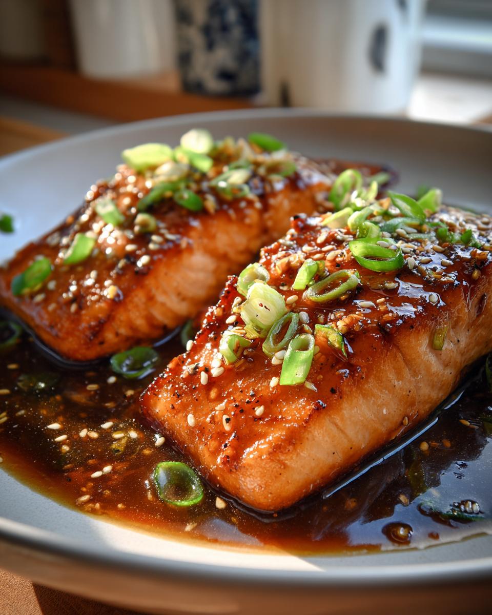 Two perfectly cooked fillets of Mary Berry honey garlic salmon, glistening with sauce and topped with sesame seeds and spring onions.